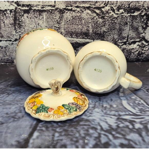 Vintage 1950's Lefton Japan Fruit Porcelain Pedestal Sugar with lid and Creamer - Picture 7 of 7